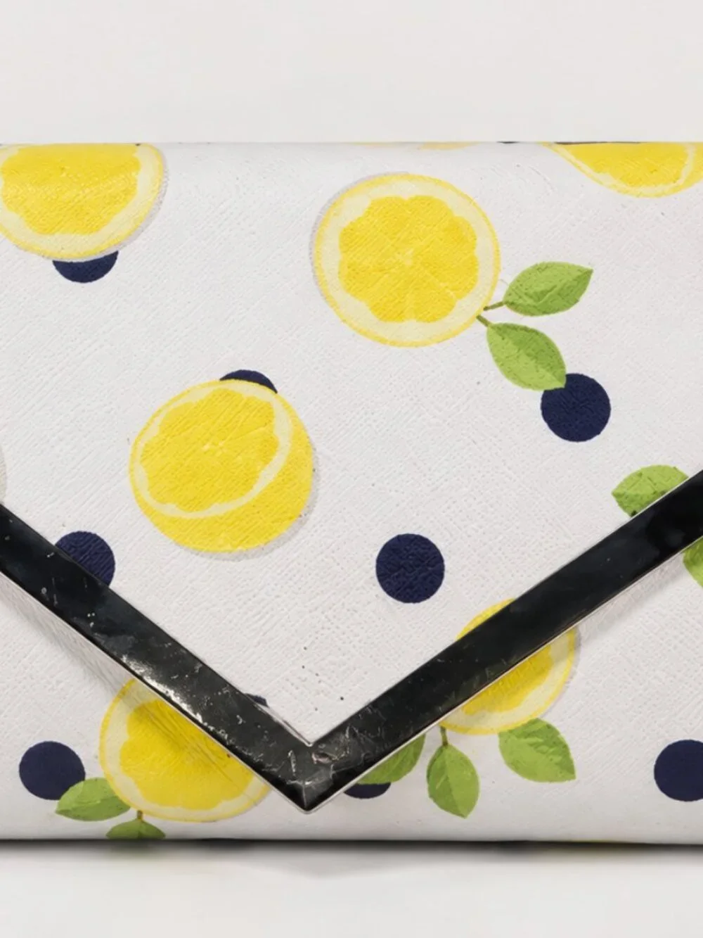 Lemon Print Envelope Clutch Yellow White Navy Polka Dots